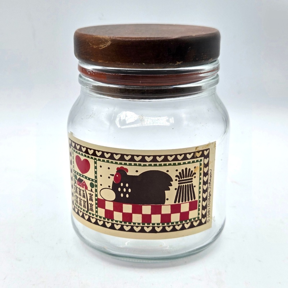 Country Folk Art Glass Jar Wood Lid by Roger Johnson Anchor Hocking 1981
